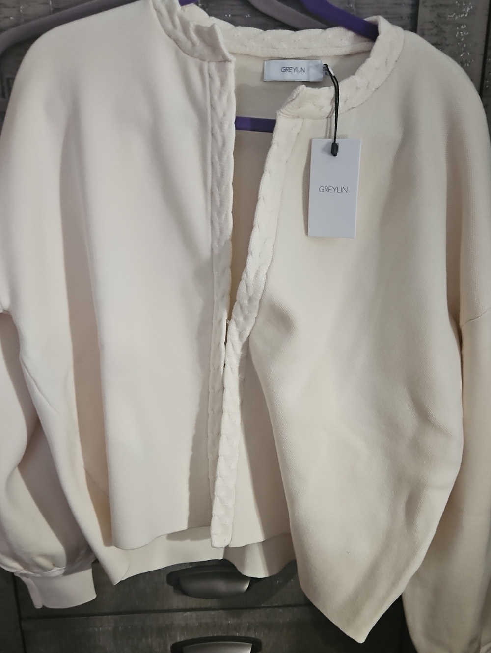 Greylin Cream Open-Front Braided-Trim Jacket